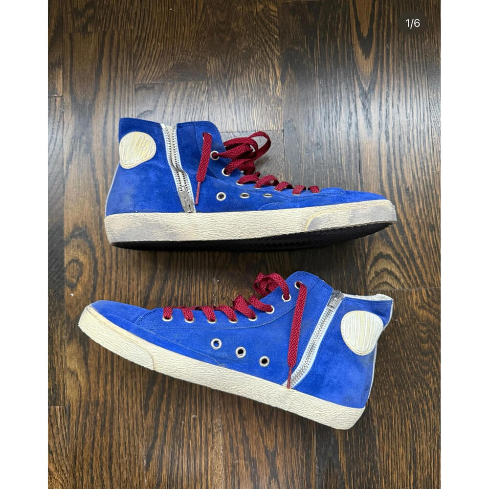 Golden Goose Blue Suede High-Top Sneakers with Burgundy Laces EU 40